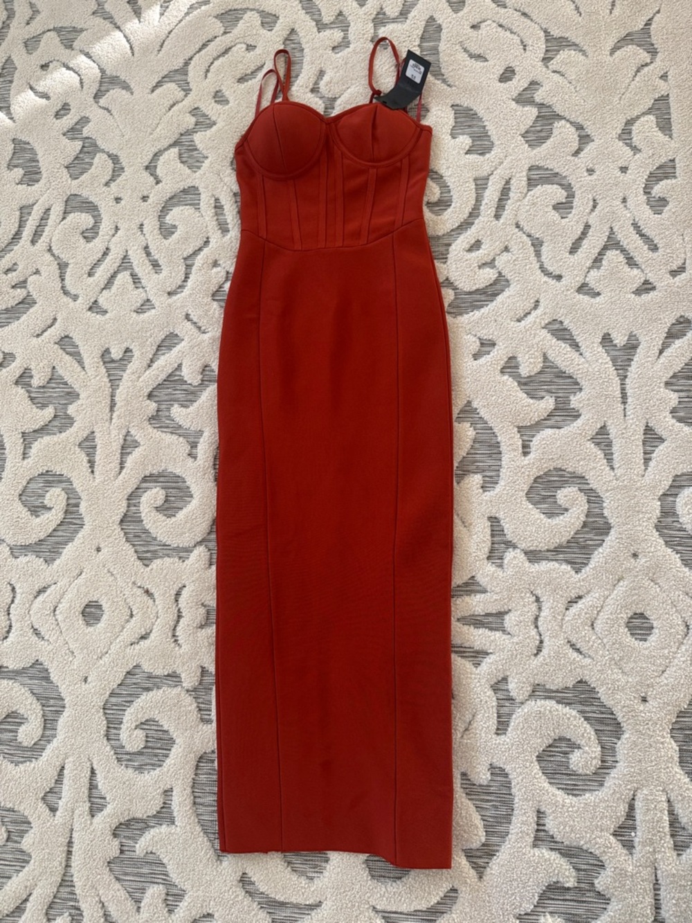 AKIRA Red Bustier Maxi Dress with Sculpted Seams